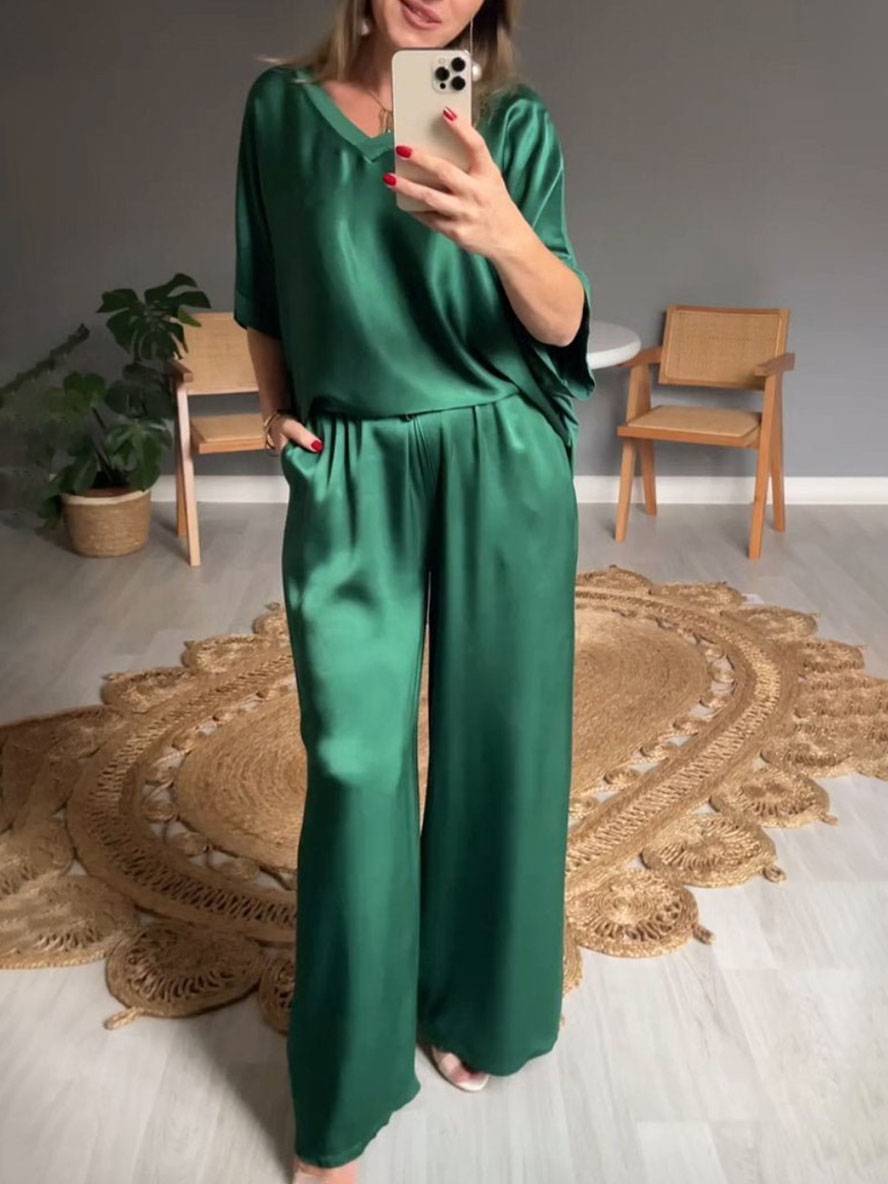 ensembles avec pantalon v-cou poches manches chauve souris manches courtes femme élégant décontracté ample deux pièces