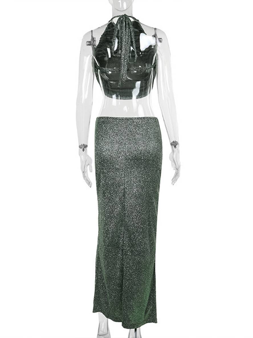 ensemble robe licou à fines brides dos nu sans manches hauts longue jupe femme décontracté deux pièces