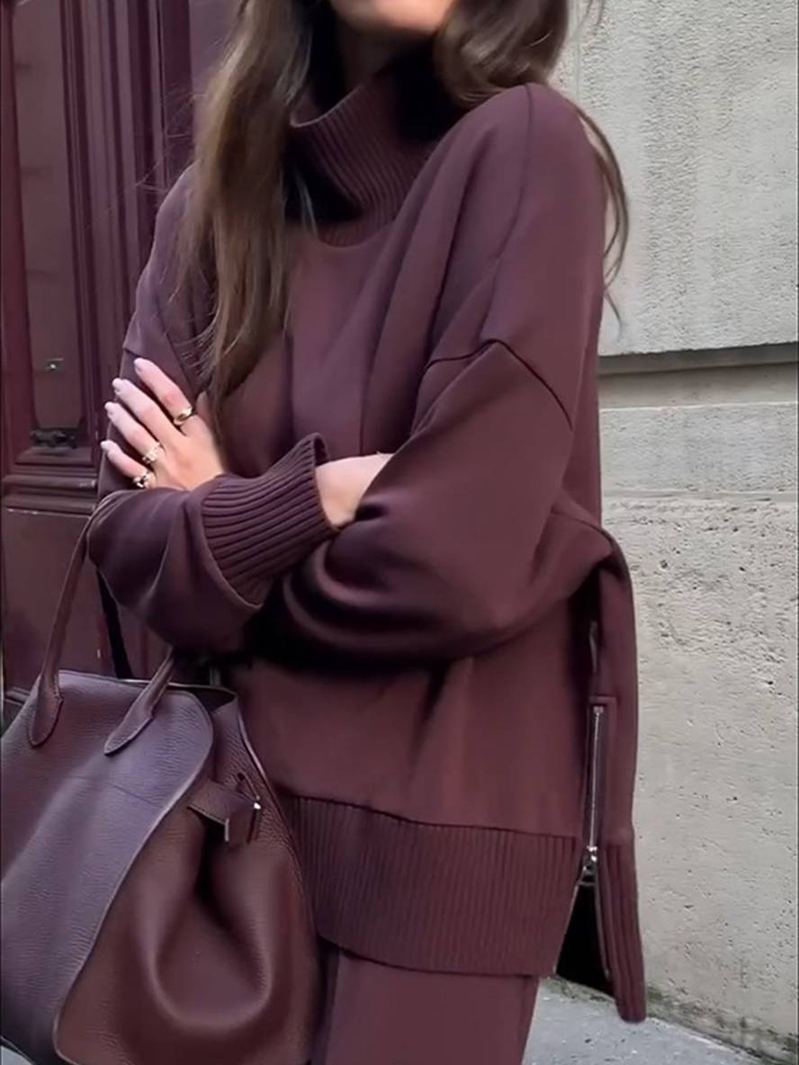 ensembles avec pantalon unicolore col roulé col montant manches longue femme élégant sport décontracté ample