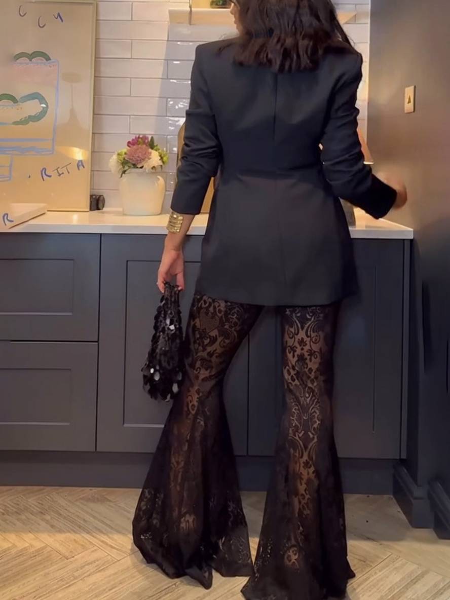 ensembles avec pantalon dentelle flare évasé v-cou boutonnage poches blazer femme élégant style tailleur