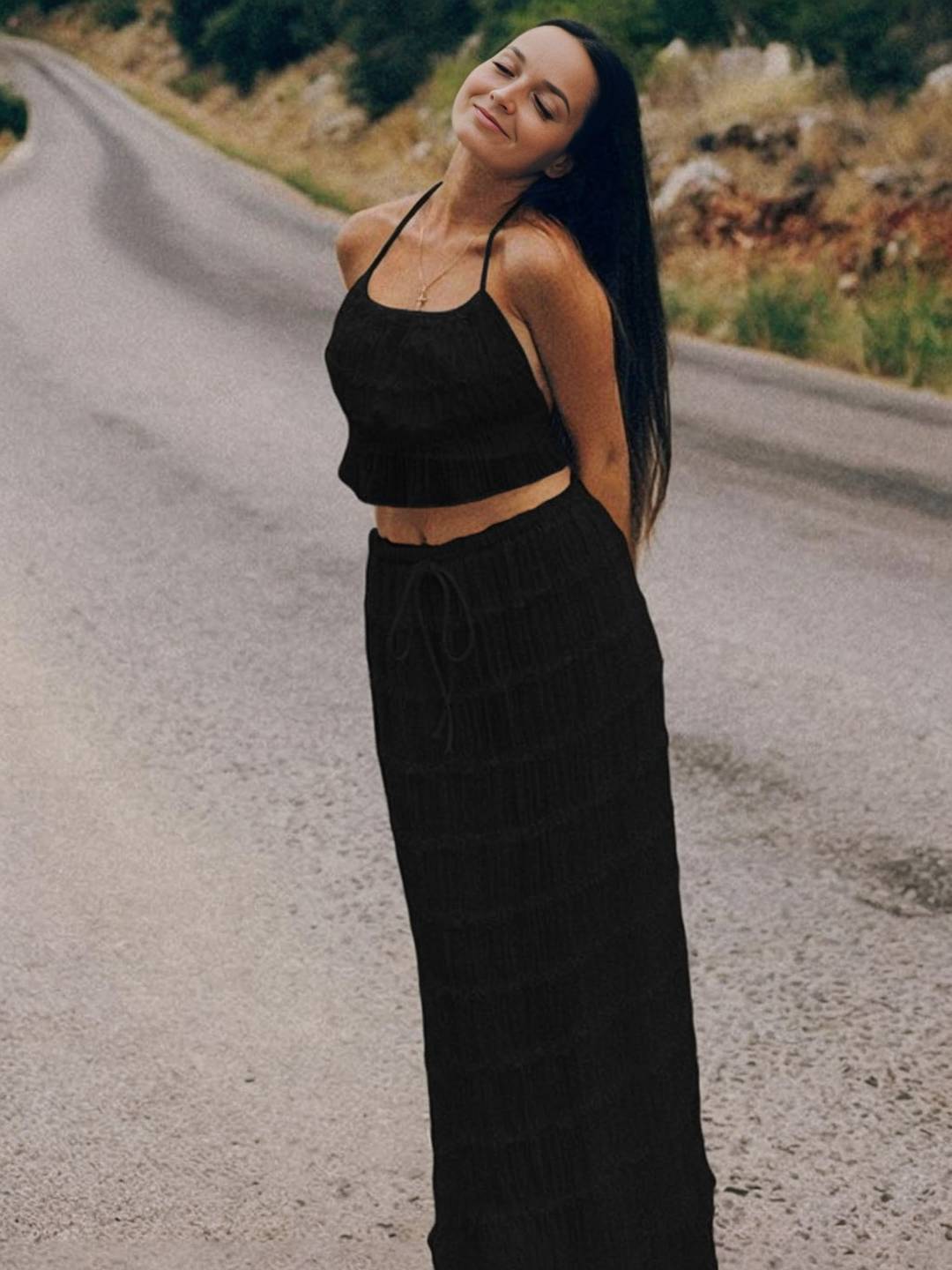 tenue ensemble avec longue jupe mousseline dos nu licou sans manches débardeur robe femme bohème décontracté deux pièces