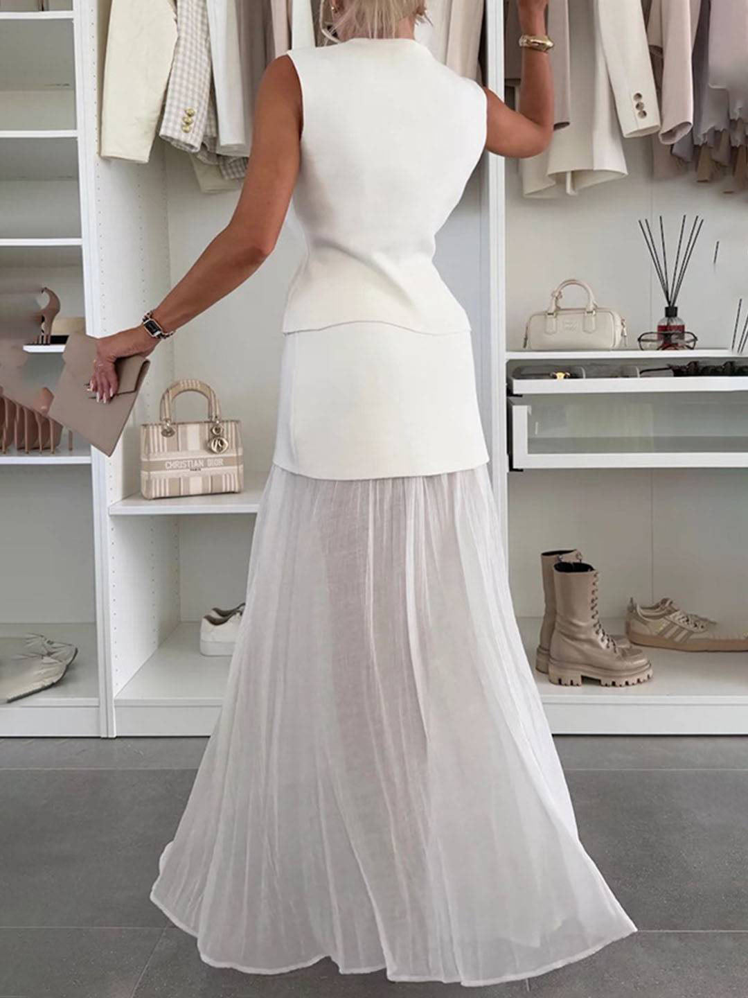 tenu ensembles tailleur v-cou sans manches gilet et jupe tulle fluide décontracté chic pour vacances deux pièces