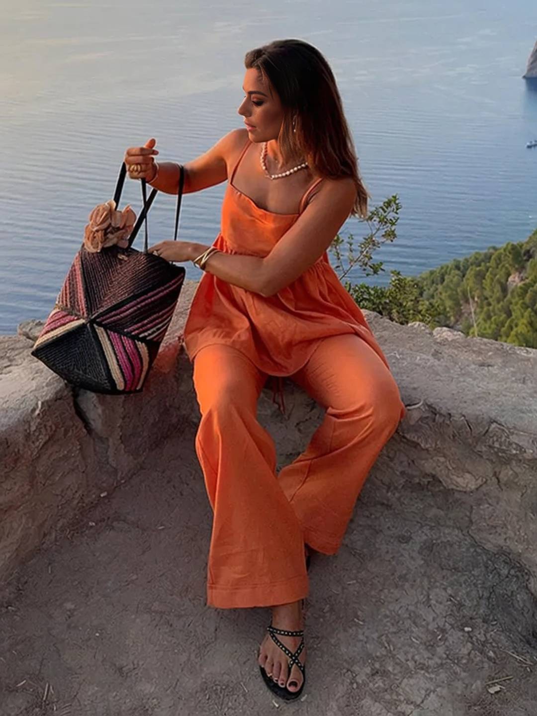 ensemble de femme pour les vacances top sans manches à volantée décontracté et pantalon large pour femme de plage