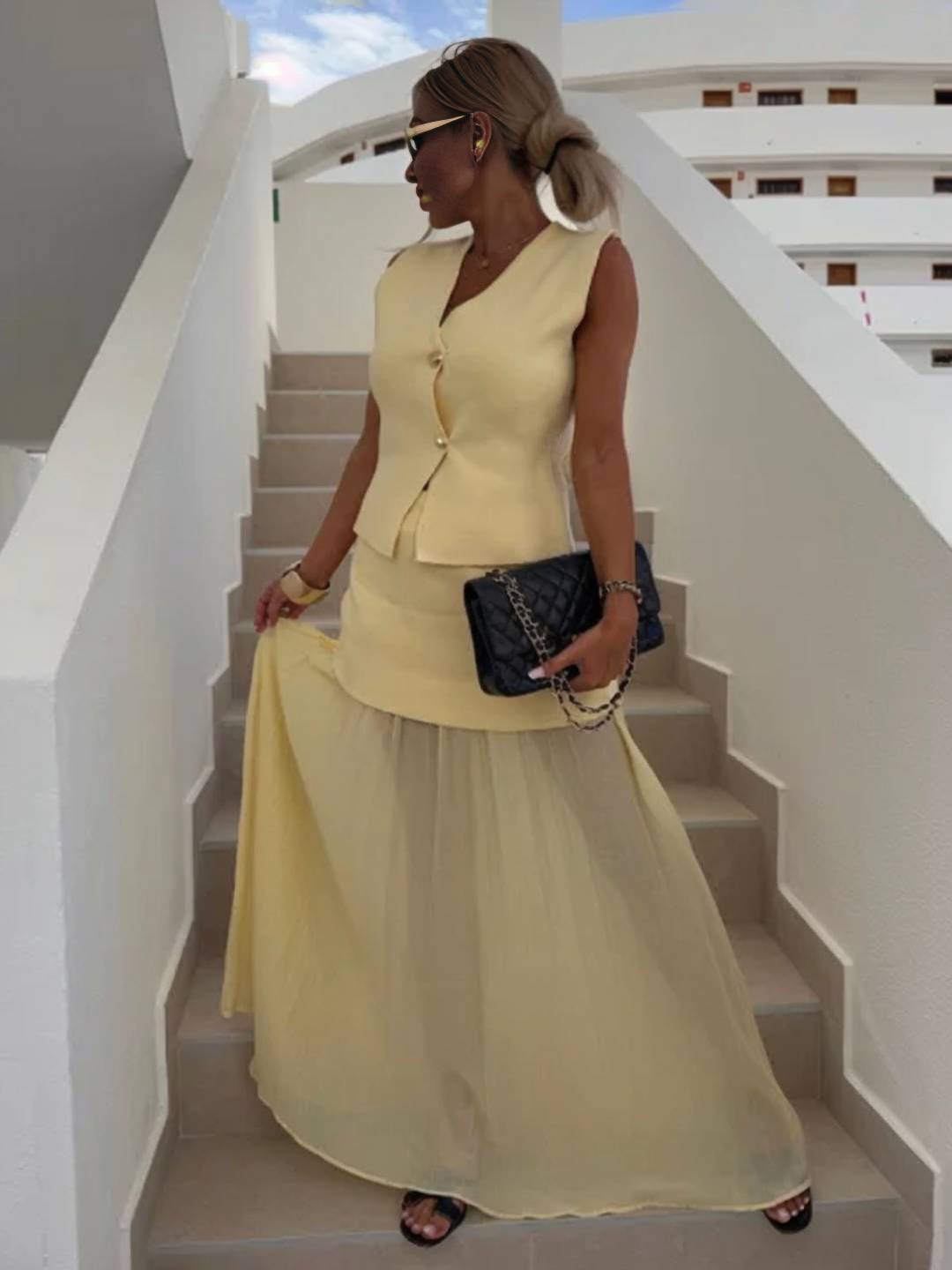 tenu ensembles tailleur v-cou sans manches gilet et jupe tulle fluide décontracté chic pour vacances deux pièces